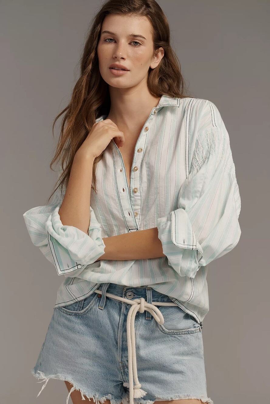 Pilcro Cotton Relaxed Henley Buttondown Shirt Boho Oversized XS